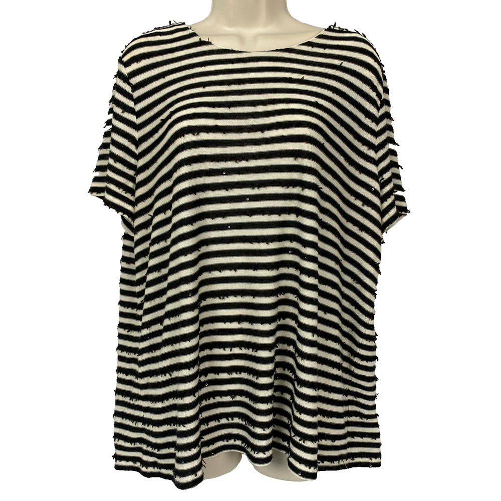 Talbots Sweater 2X‎ Petite Striped Sequin Fringe Black Cream Glam Dressy 2XP